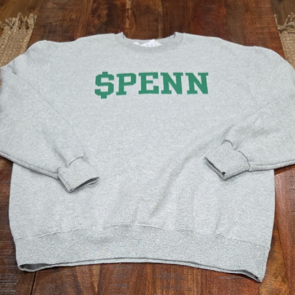 Champion Gray Crewneck Sweater with Green Logo SPENN Barstool